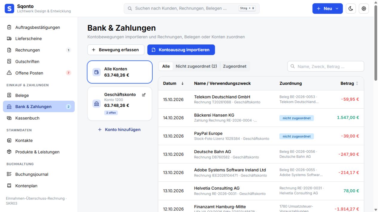 Bank & Zahlungen in Sqonto mit dem Demo-Unternehmen Lichtwerk Design & Entwicklung