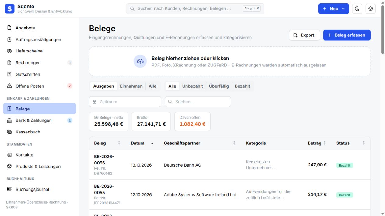 Belegübersicht mit Lieferanten, Kategorien und Zahlungsstatus in Sqonto mit dem Demo-Unternehmen Lichtwerk Design & Entwicklung