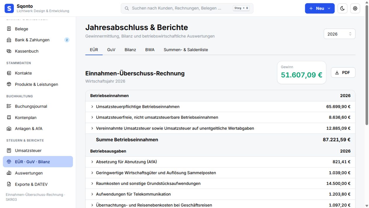 Berichte mit Einnahmen-Überschuss-Rechnung in Sqonto mit dem Demo-Unternehmen Lichtwerk Design & Entwicklung
