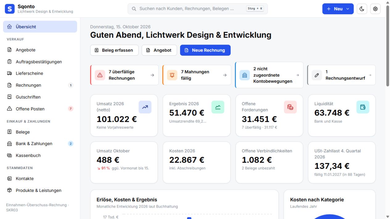 Übersicht in Sqonto mit dem Demo-Unternehmen Lichtwerk Design & Entwicklung