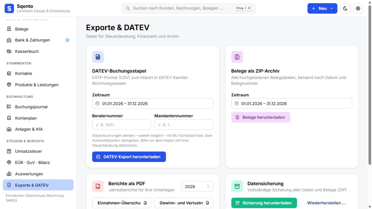Exportbereich für DATEV-Buchungsstapel und Belegdateien in Sqonto mit dem Demo-Unternehmen Lichtwerk Design & Entwicklung
