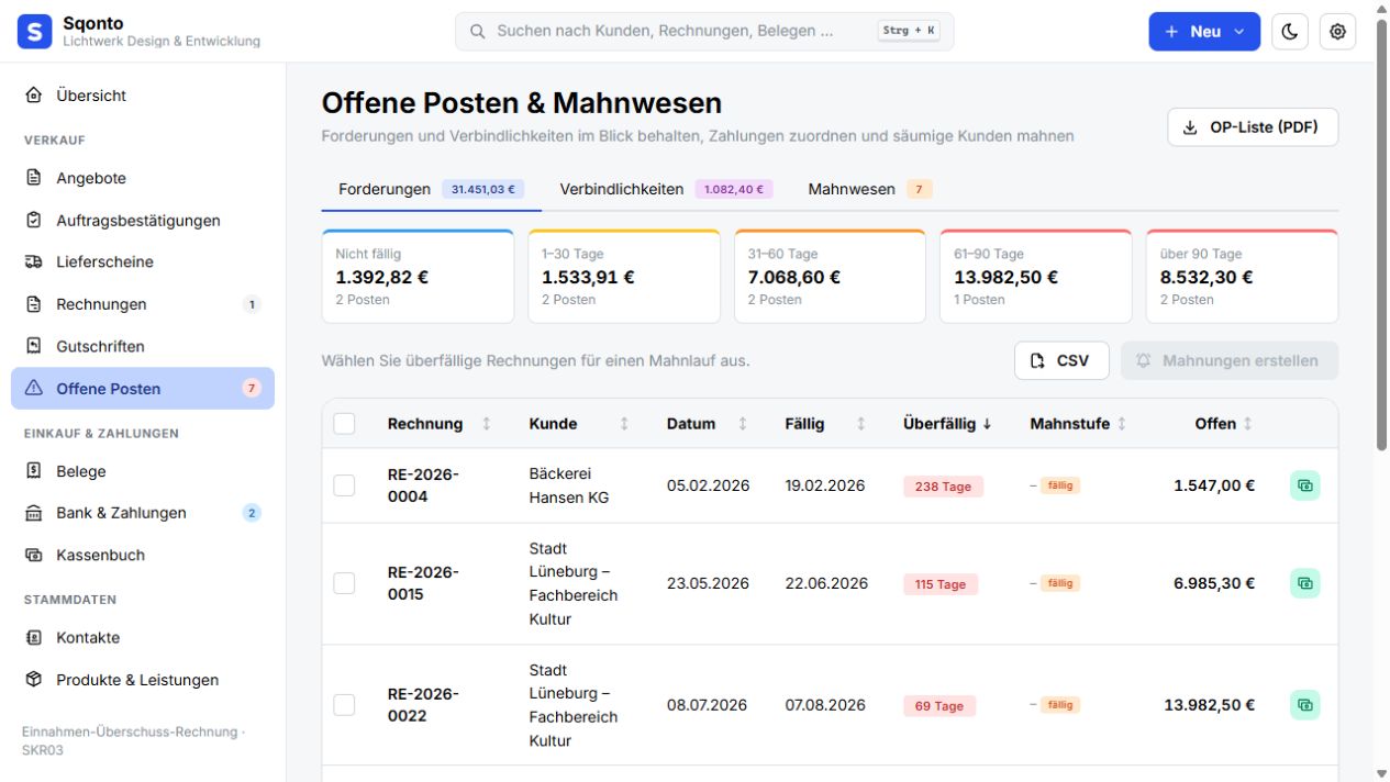 Offene Posten mit Altersstruktur und Mahnlauf in Sqonto mit dem Demo-Unternehmen Lichtwerk Design & Entwicklung