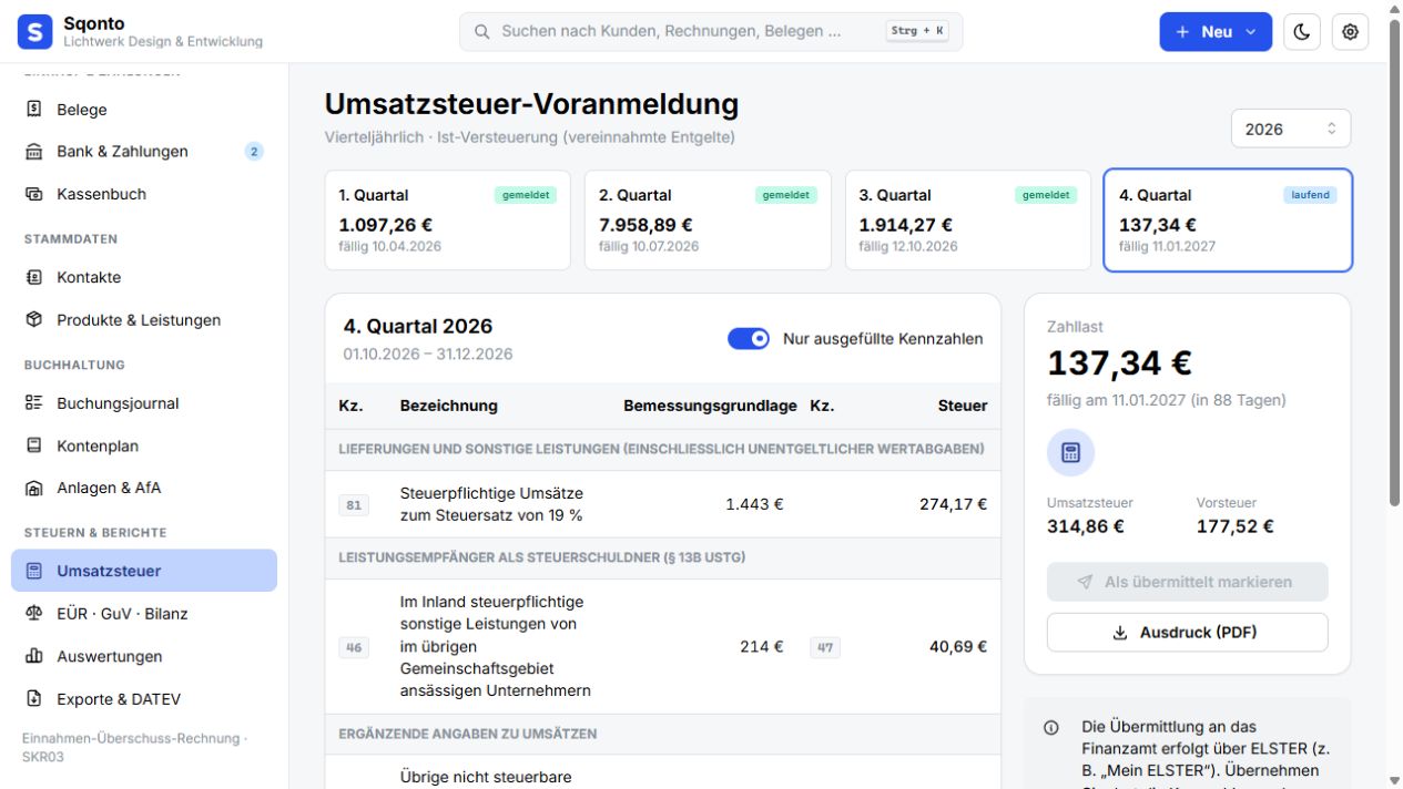 Umsatzsteuer-Voranmeldung mit Quartalen und Kennzahlen in Sqonto mit dem Demo-Unternehmen Lichtwerk Design & Entwicklung